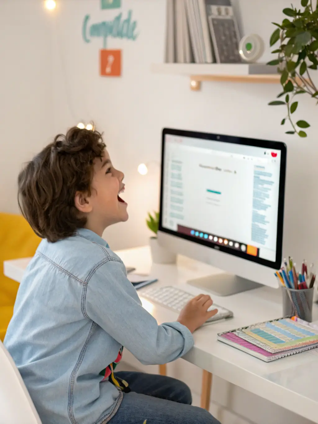 A child is proudly presenting a completed coding project, such as a simple game or animation, to an instructor, highlighting the project-based learning approach of the advanced course.