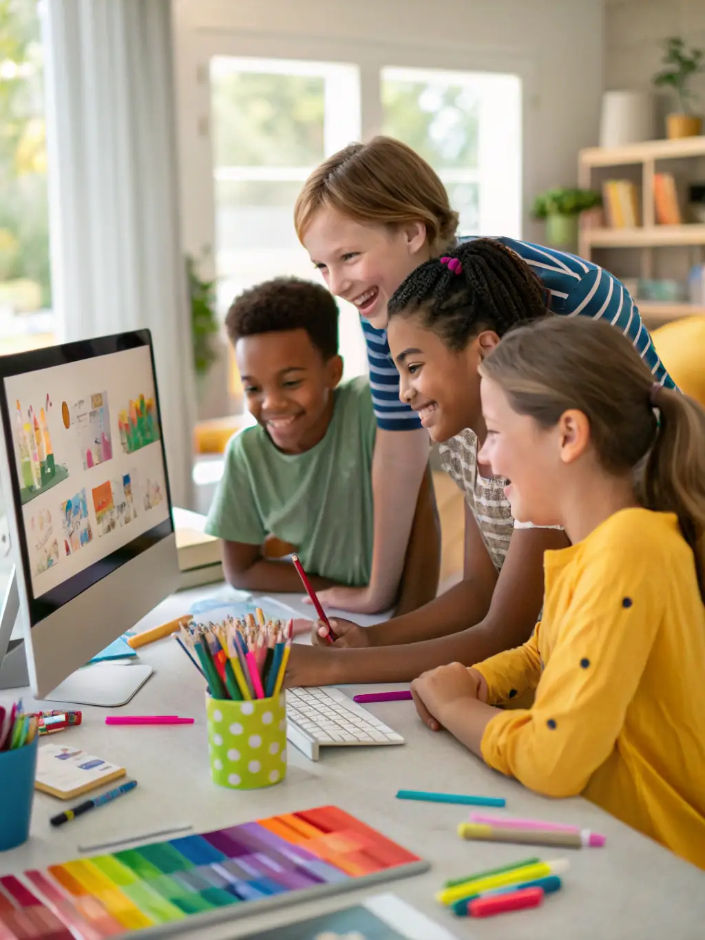 A group of young children are gathered around a table, excitedly working on laptops with colourful coding interfaces displayed on the screens, showcasing the fun and collaborative nature of the introductory programming course.