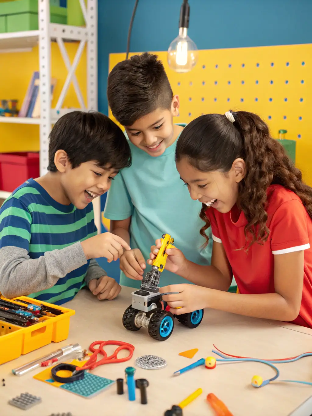 A diverse group of children are participating in a robotics workshop, assembling and programming robots, demonstrating the hands-on and engaging nature of the robotics course.