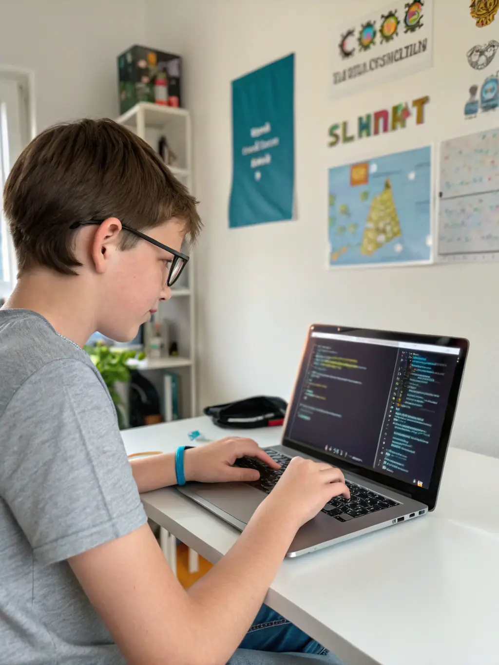 A focused image of a young student writing Python code on a laptop, demonstrating the transition to text-based programming and more advanced concepts, perfect for the 'Python for Beginners' course.