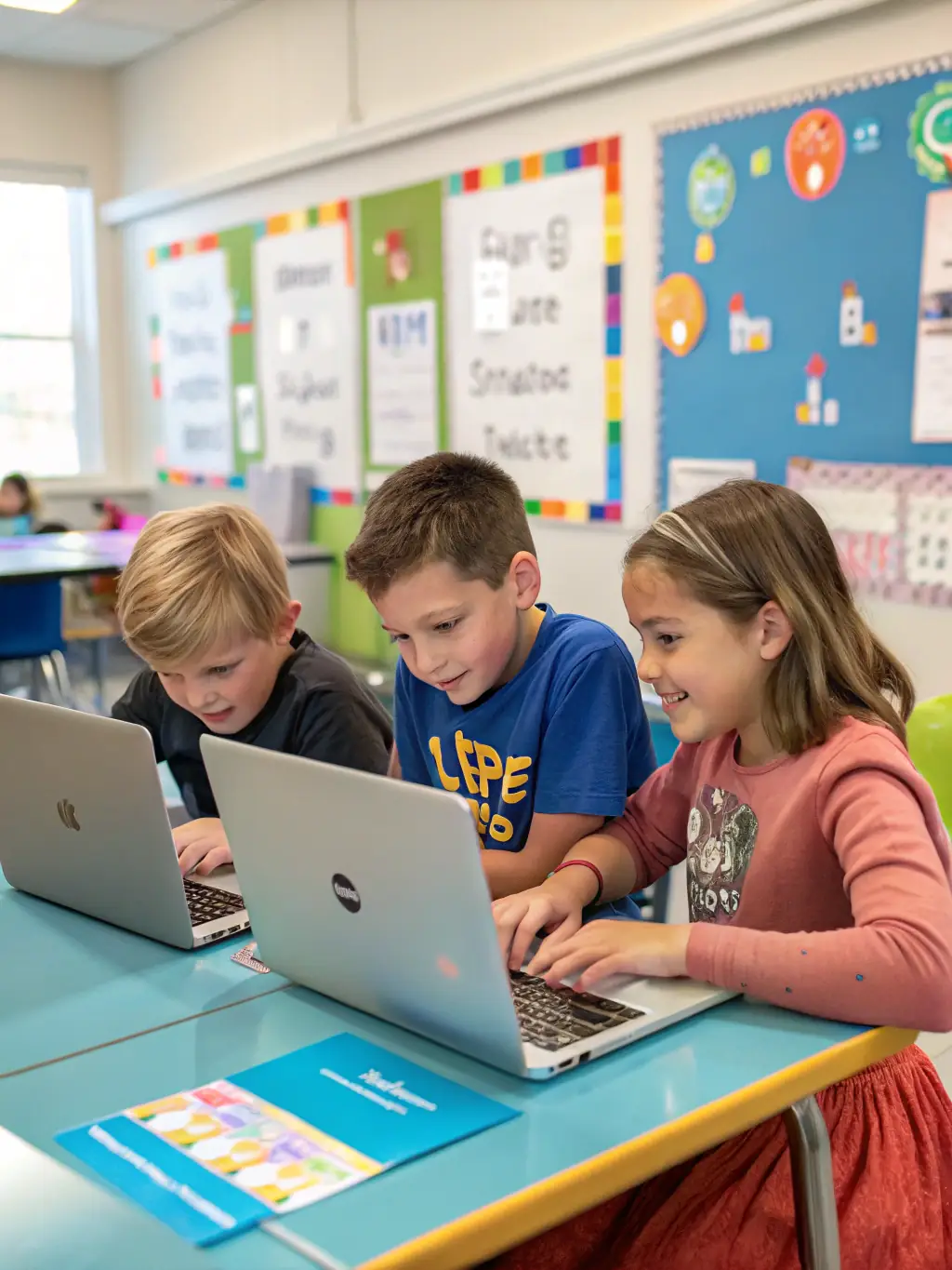 A vibrant image of children collaborating on a coding project, showcasing teamwork and problem-solving skills in a fun, educational environment, suitable for the 'Introduction to Coding' course.